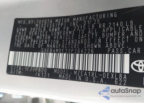 2025 Toyota Corolla Le from USA, damaged, VIN 5YFB4MDE2SP264226